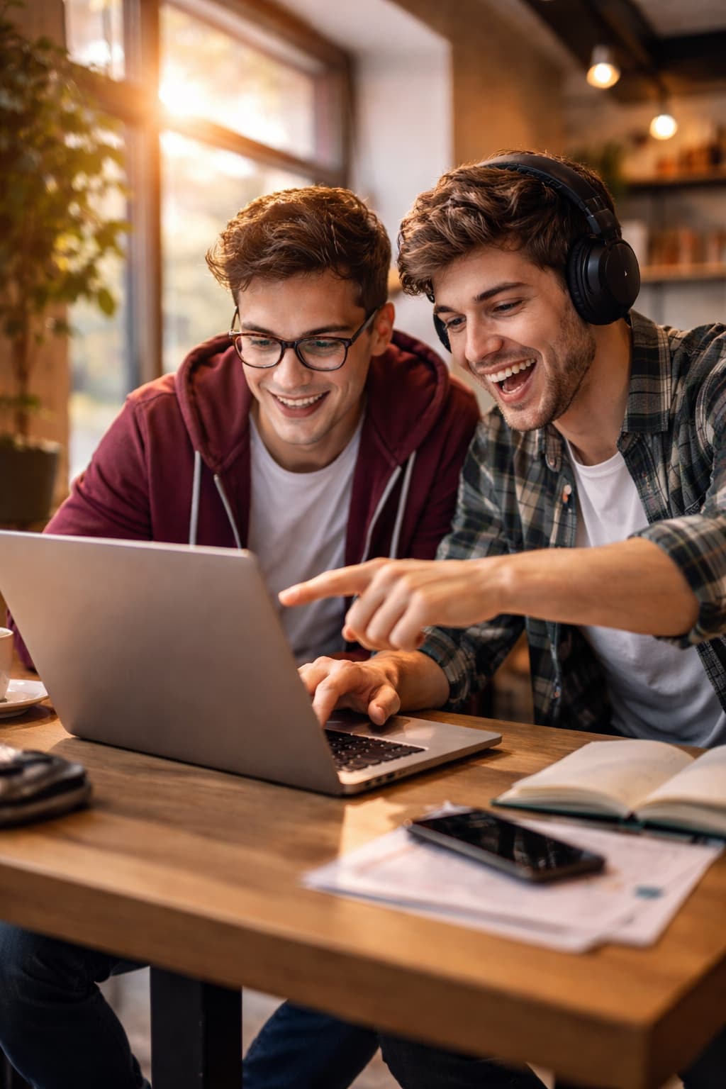 Deux jeunes hommes souriants, assis dans un espace de coworking, collaborent avec enthousiasme sur un ordinateur portable, symbolisant l’énergie créative et la passion du digital.