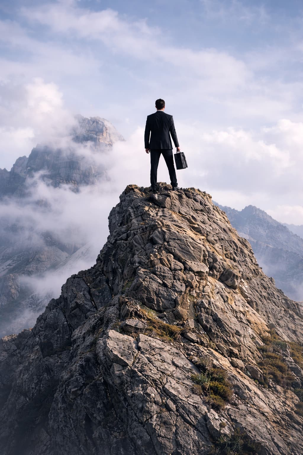 Un homme d'affaires en costume, debout au sommet d'une montagne rocheuse, portant une mallette et regardant un paysage de sommets embrumés — symbolisant les défis et obstacles à surmonter dans l'entrepreneuriat.