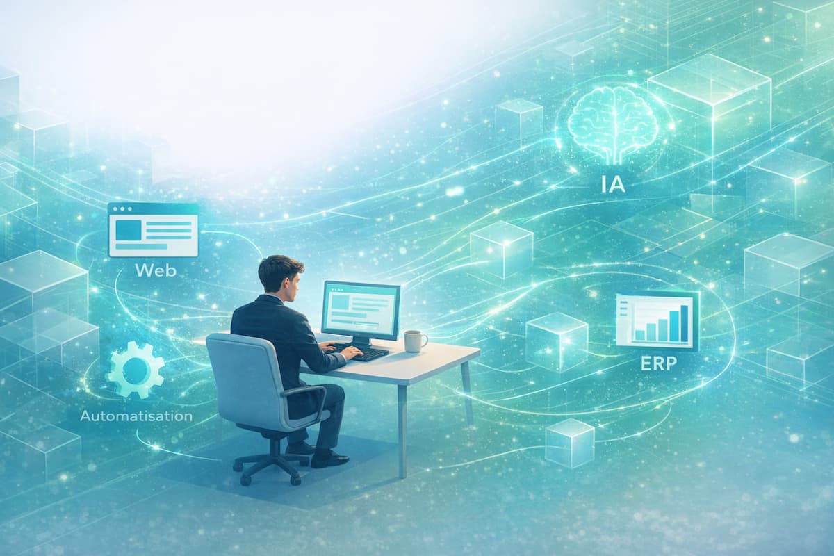 Illustration digitale d’un jeune professionnel en costume travaillant à un bureau dans un univers futuriste connecté, avec des icônes flottantes représentant le Web, l’automatisation, l’intelligence artificielle (IA) et un ERP, le tout dans une ambiance bleutée et technologique.